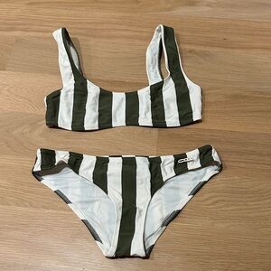SOLID & STRIPED Olive Green and White Vertical Stripe Bikini Set